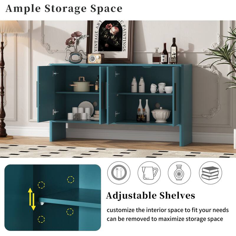 4-Door Retro Sideboard with Adjustable Shelves, Large Storage Cabinet, Antique Blue