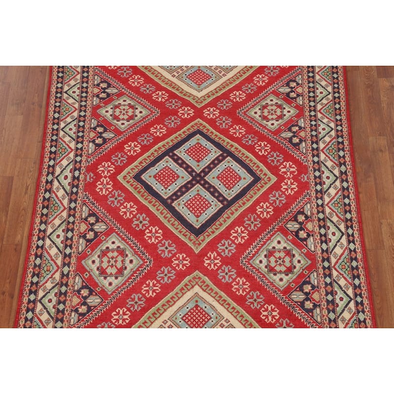Geometric Kazak Area Rug Hand-Knotted Oriental Wool Carpet - 4'10" x 6'6"