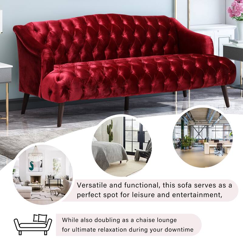 3-Seat PU Sofa with Wood Legs, Diamond Stitching, Spacious