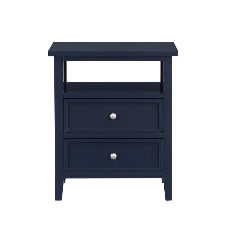 2- Drawer Nightstand with Nickel Knobs and Open Shelf Solid Wood Construction