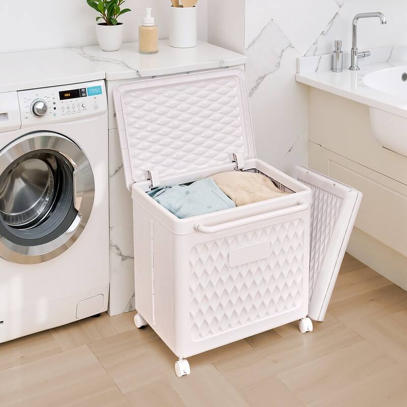 VECELO White Rolling Laundry Basket Lightweight Laundry Basket with Lid and Wheels for Bathroom Home and Kitchen - White