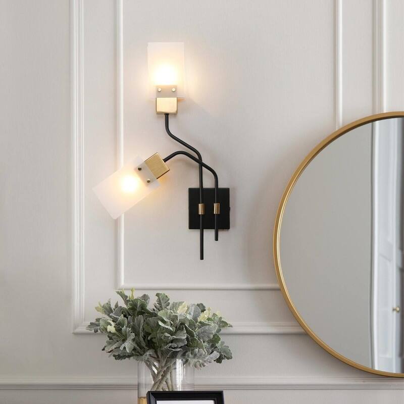 Modern Black Gold 2-Light Wall Sconce with Frosted Glass Shades