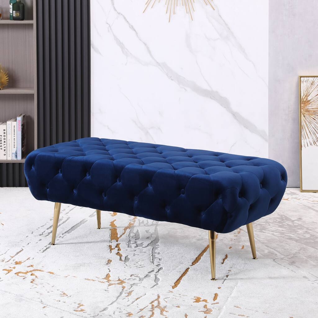 Velvet Button Tufted Bench with Gold Metal Legs, Blue