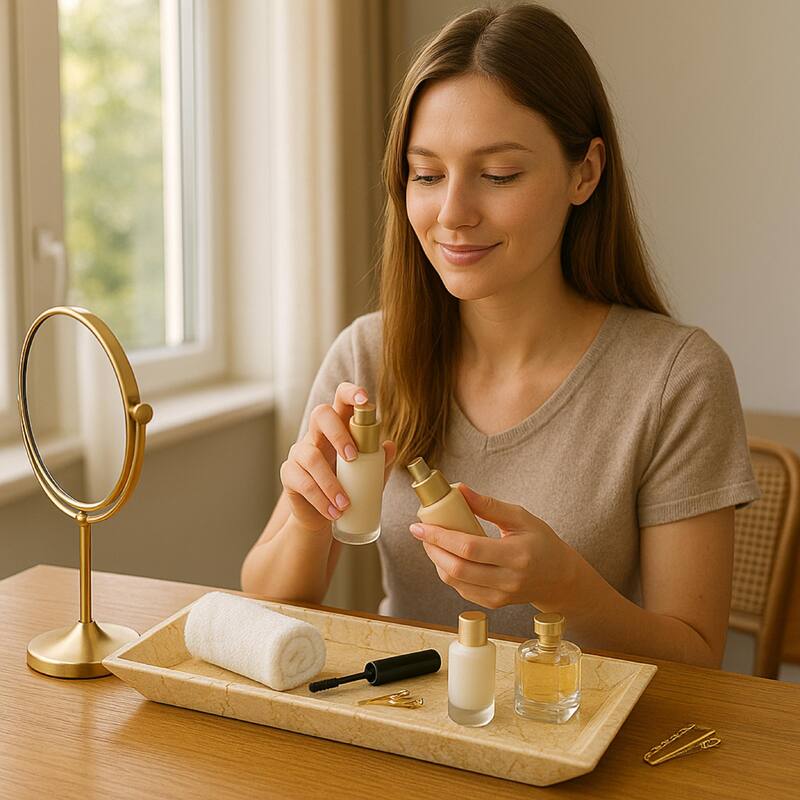 Creative Home Champagne Marble Boat Shaped Vanity Tray, Bath Towel Organizer Tray, Bathroom Accessory Organizer - Beige