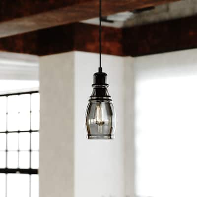 Millie Matte Black Mini Pendant Ceiling Light Smoke Gray Glass - 5.25-in W x 11.75-in H x 5.25-in D