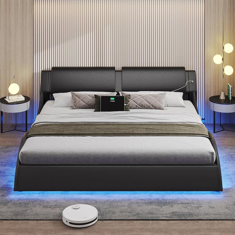 Bed Frame with Headboard Charging Ports Low Profile Platform Bed LED Lights Wave Curve