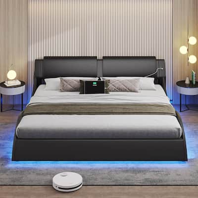 Bed Frame with Headboard Charging Ports Low Profile Platform Bed LED Lights Wave Curve