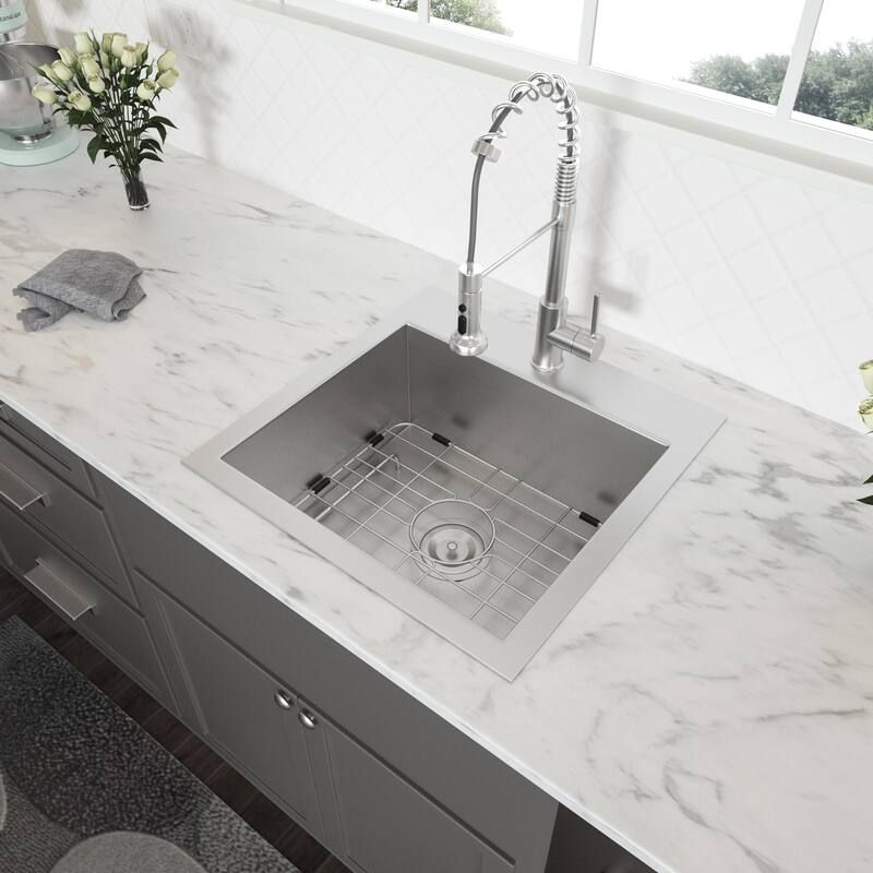 Drop-In 16 Gauge Single Bowl Stainless Steel Kitchen Sinks in Brushed Nickel - 22'' x 22'' x12''