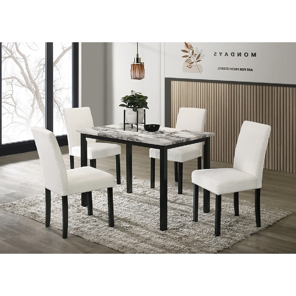 Contemporary 5-piece Dining Set White Chairs faux marble Top Table