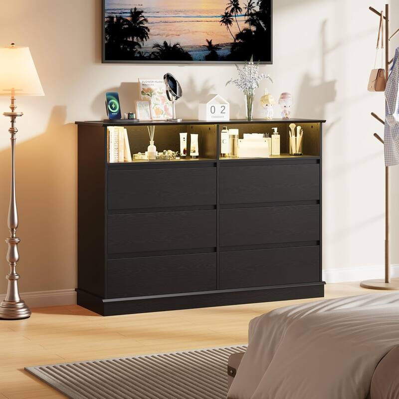 Dresser for Bedroom with 6 Drawers, Modern Chest Featuring LED Lights and Charging Station