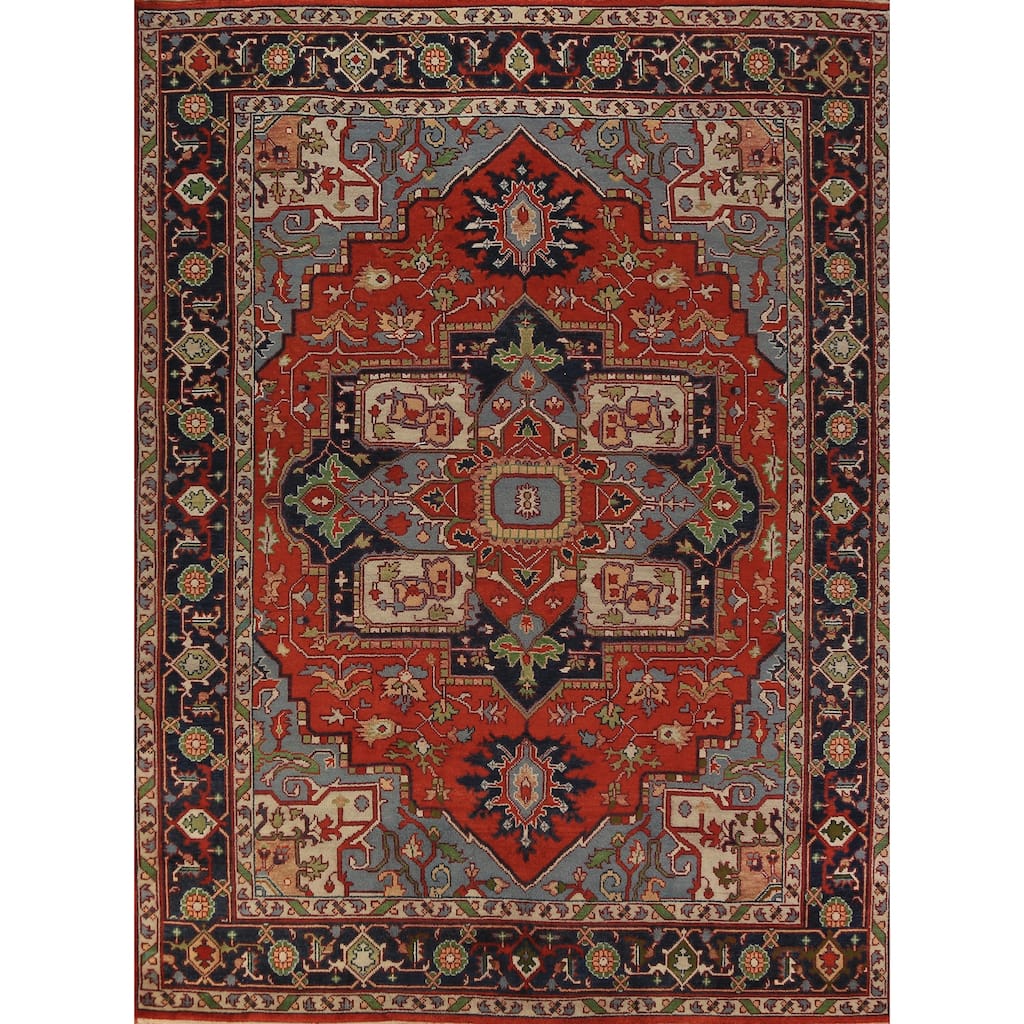 Orange Medallion Heriz Serapi Indian Rug Hand-Knotted Wool Carpet - 8'11"x 11'7"