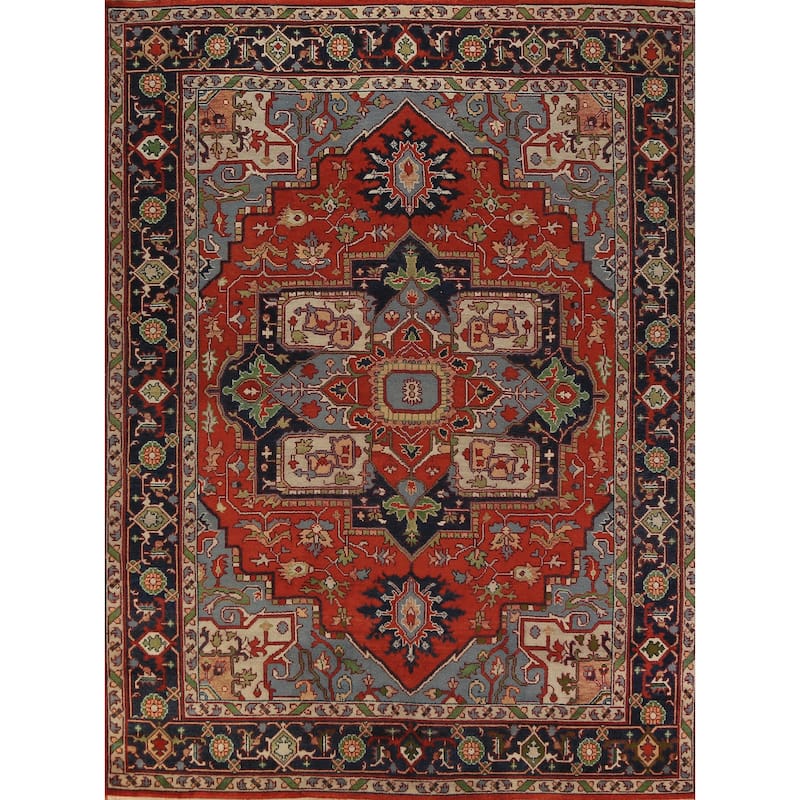 Orange Medallion Heriz Serapi Indian Rug Hand-Knotted Wool Carpet - 8'11"x 11'7"