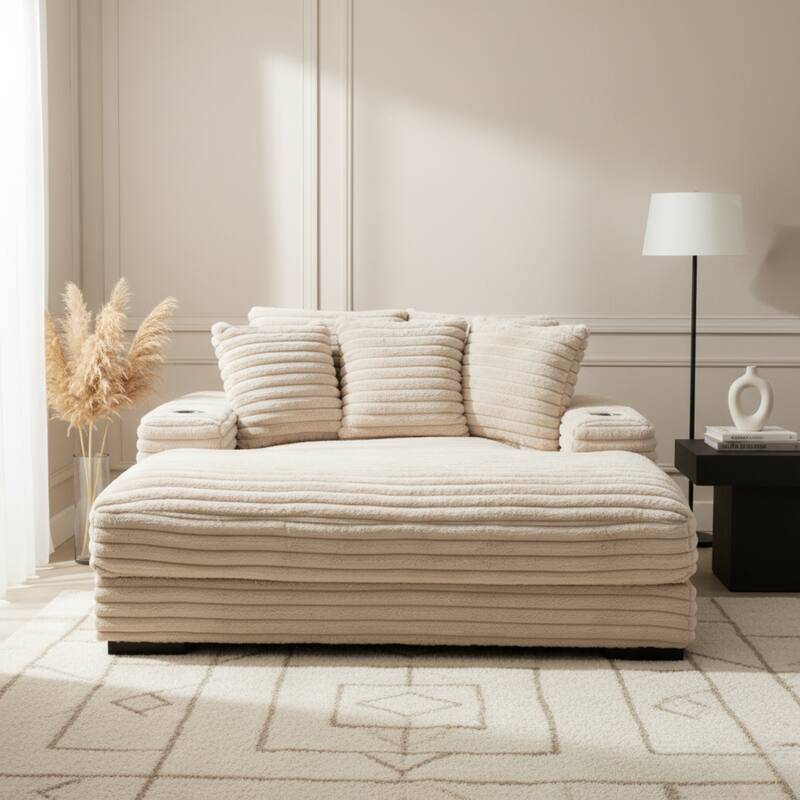 Cocoon Faux Fur Corduroy Oversized Chaise Lounge with Cupholders and USB/USB-C - Taupe