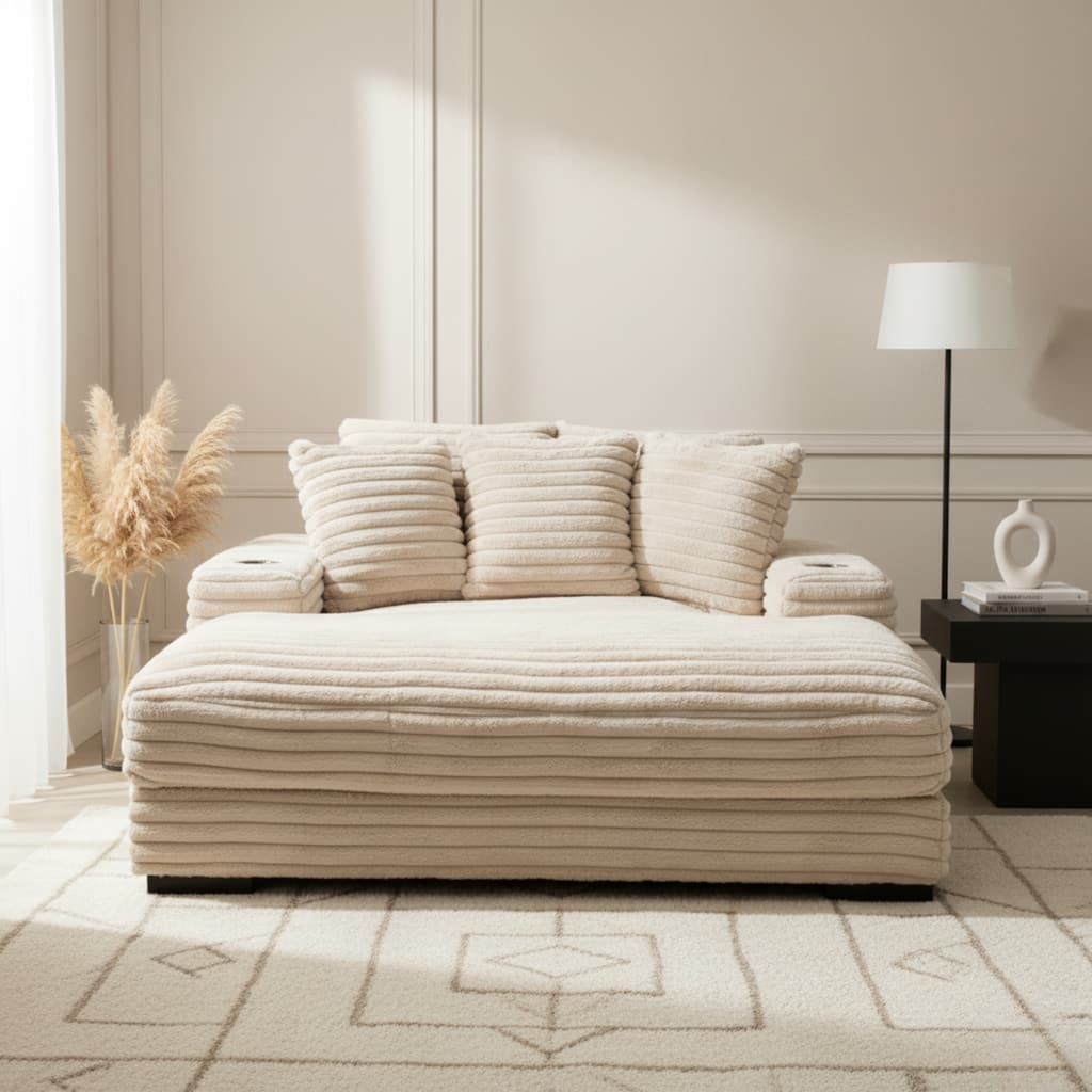 Cocoon Faux Fur Corduroy Oversized Chaise Lounge with Cupholders and USB/USB-C