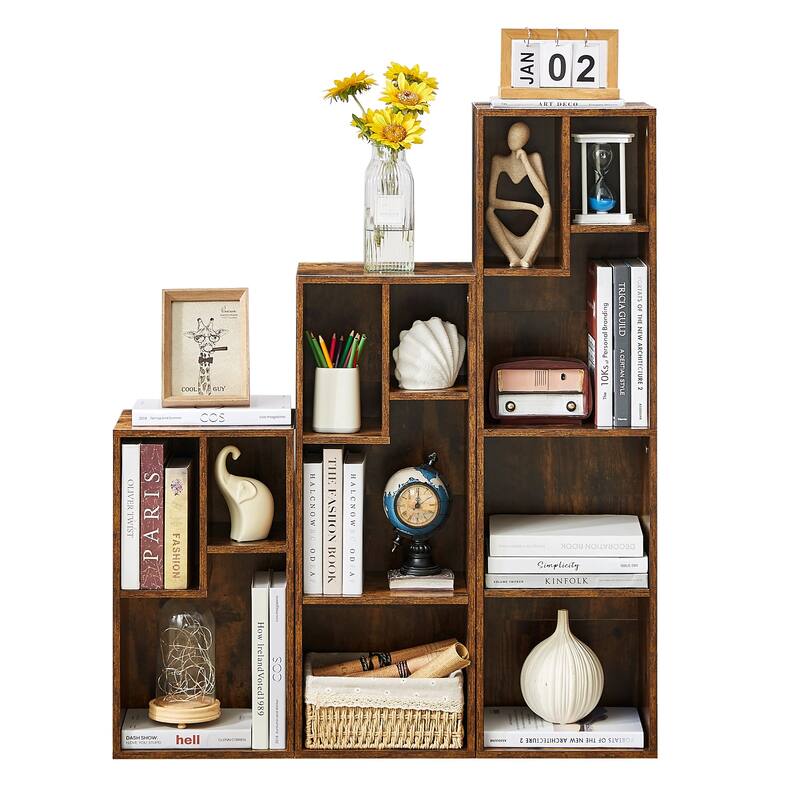 L Shaped Freestanding Ladder Corner Bookshelf, 12 Cubes Stepped Etagere Bookcase, Wooden Storage Cabinet Display Shelf - Brown