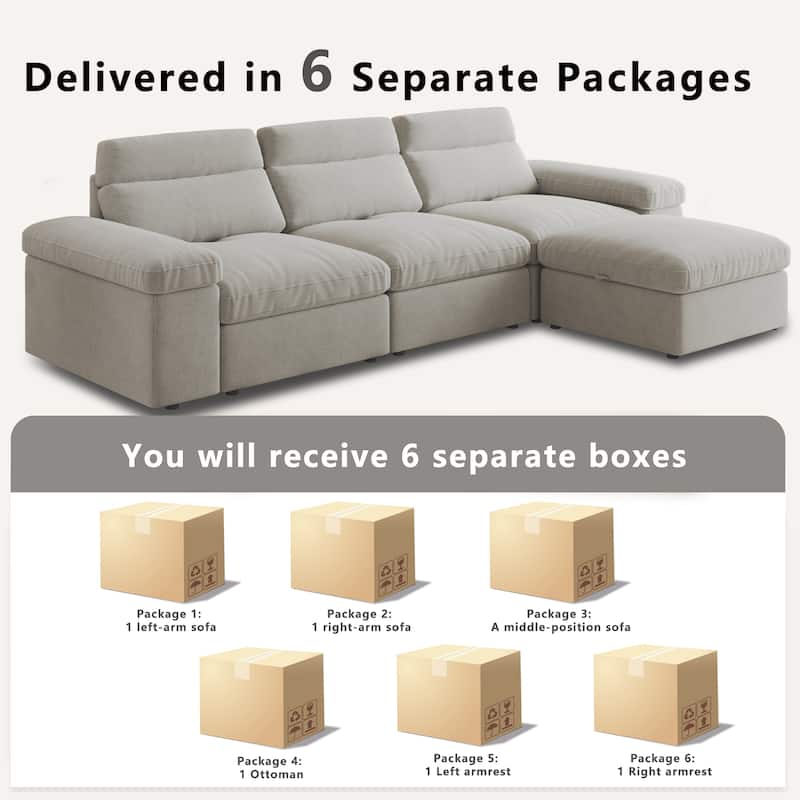 Down Filling Upholstered L-shaped Sectional Sofa with Storage Ottoman and Armrests, Chaise Modular Couch with Adjusted Backrest
