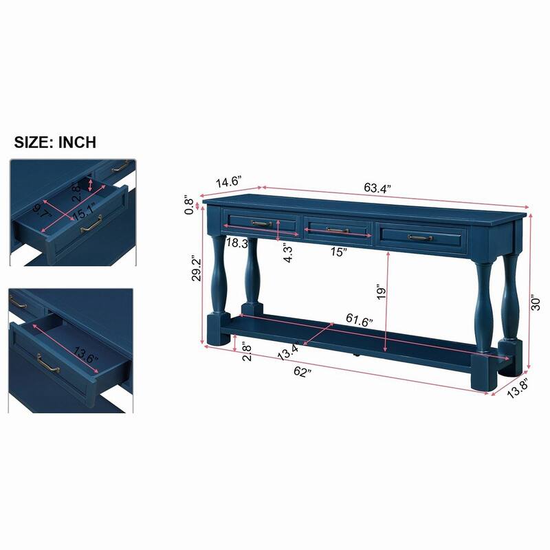 63inch Long Wood Console Table with 3 Drawers and 1 Bottom Shelf - Navy Blue