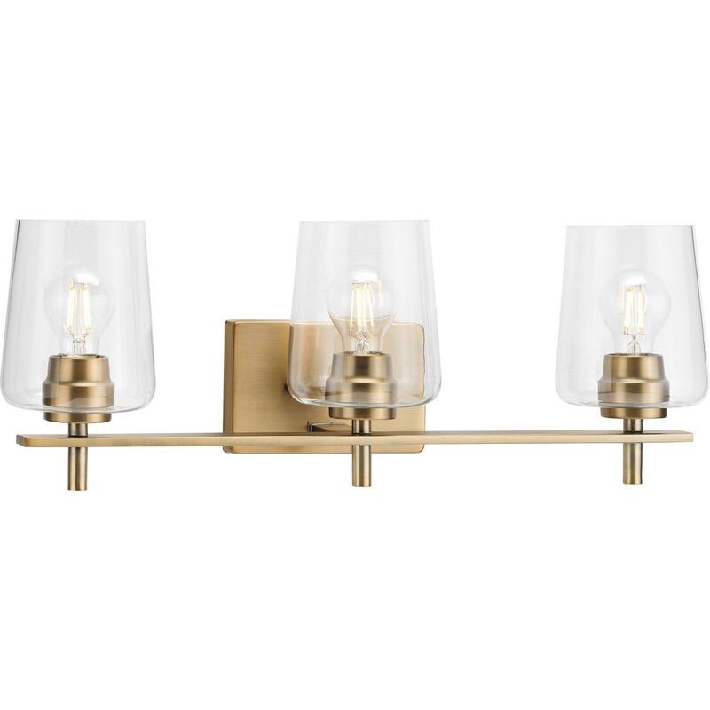 Calais Collection Three-Light Vintage Brass Clear Glass New Traditional Bath Vanity Light - 24.25 in x 6.5 in x 8.5 in