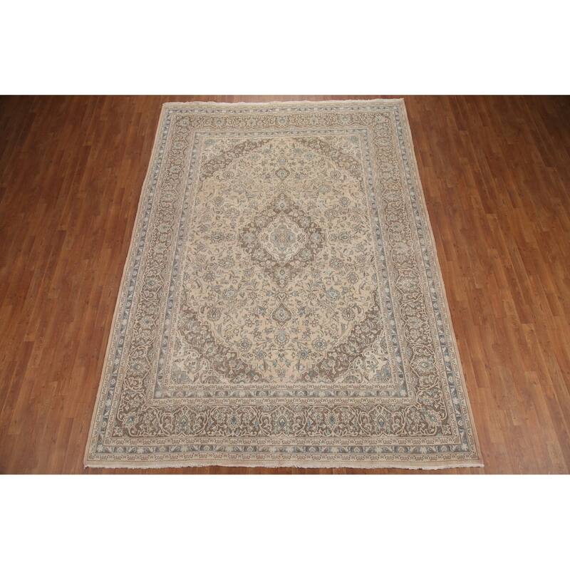 Hand Knotted Oriental 100% Wool Carpet Traditional Floral Beige & Ivories Mashad Area Rug - 11' 1'' X 8' 1''