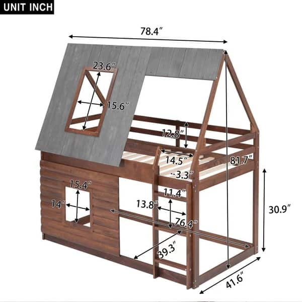 dimension image slide 0 of 2, Twin Size Bunk Bed with Roof, Ladder and Slide Wood House Bed Frame for Kids, Teens, Girls, Boys Multi-Child Families