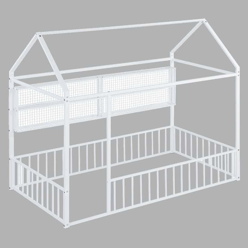 Twin Metal House Bed with Fence and 4 Shelves, Cozy Bedroom Design - White - Twin