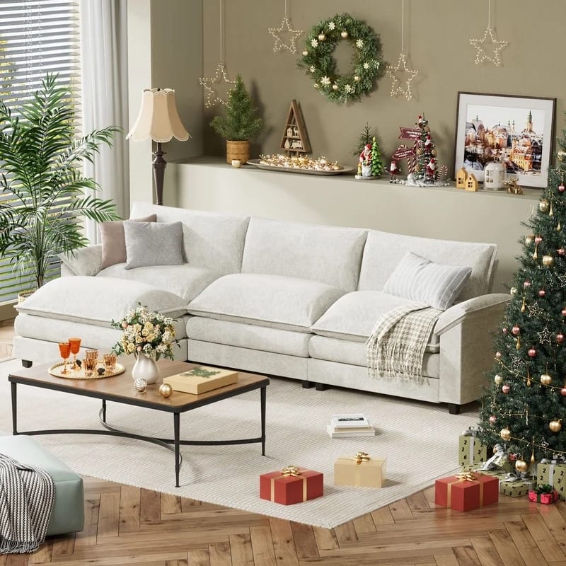 Furniwell 3-Seat Sectional Sofa with Ottoman Sectional Couch with Reversible Toffee Chair Convertible Sofa - White