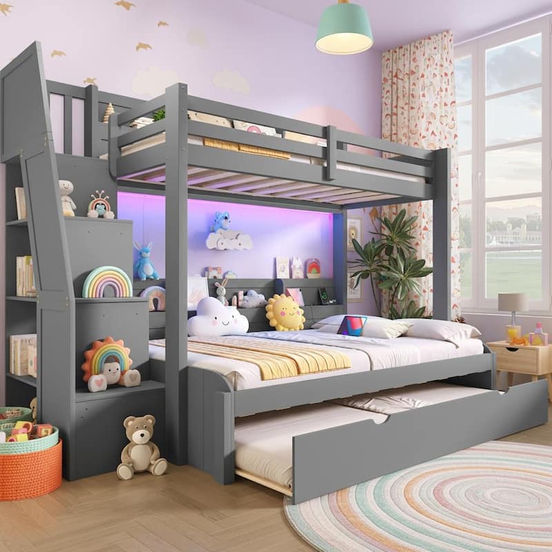 Twin over Full Bunk Bed with Storage Stairs, Trundle, LED Shelf & USB Port by Harper&Bright Designs - Grey