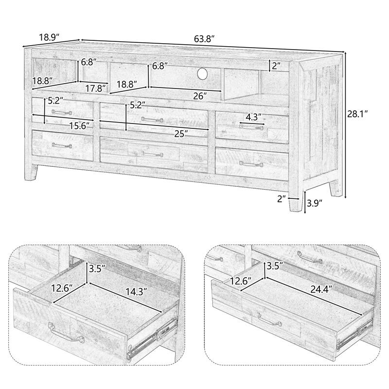64" Distressed Wood TV Stand, 6 Drawer Storage & 3 Shelves, Cable Management - Farmhouse Style