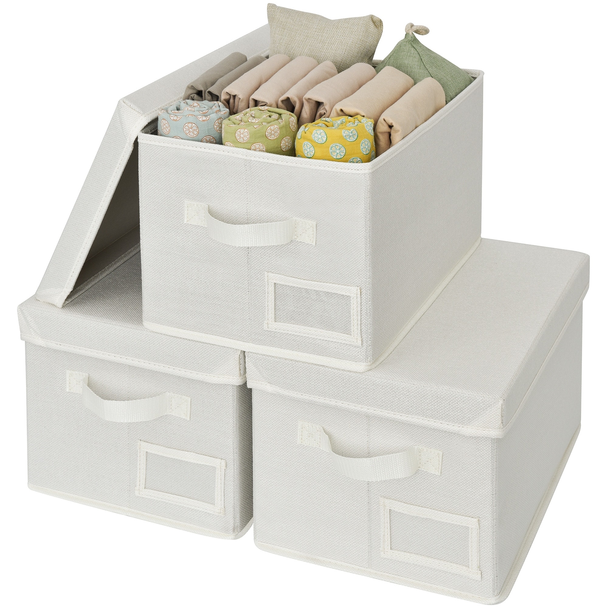 Fabric Storage Bins with Lids & Label Holder, Stackable Design, Set of 3