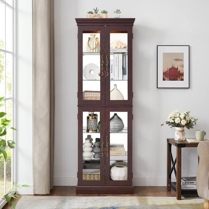 Lighted Curio Display Cabinet, Floor Standing Wooden China Cabinet with Mirrored Back Pane, 4 Glass Doors & Adjustable Shelves