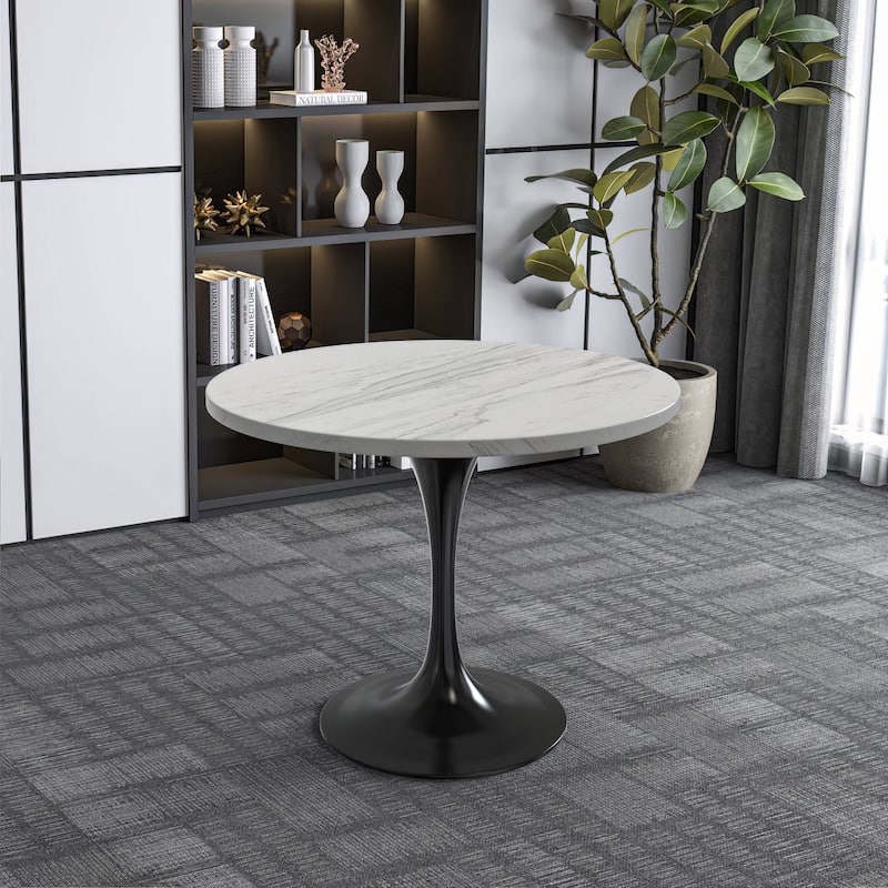 LeisureMod Verve Modern Round Dining Table with Resin TableTop and Black Pedestal Base for Kitchen & Dining Room