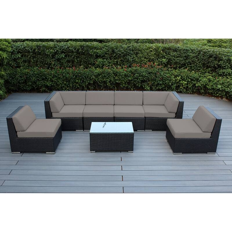 Ohana Outdoor 7-pc. Cushioned Black Wicker Conversation Set - No Assembly - Sunbrella Taupe