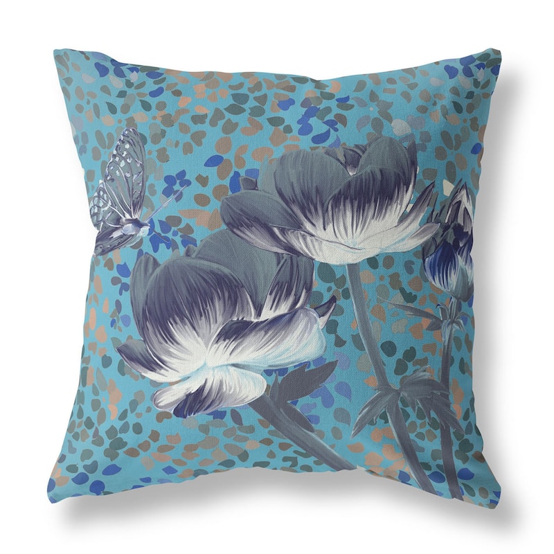HomeRoots 20" x 20" Blue and Green Blown Seam Floral Indoor Outdoor Throw Pillow - 20.00' X '5.00' X '20.00