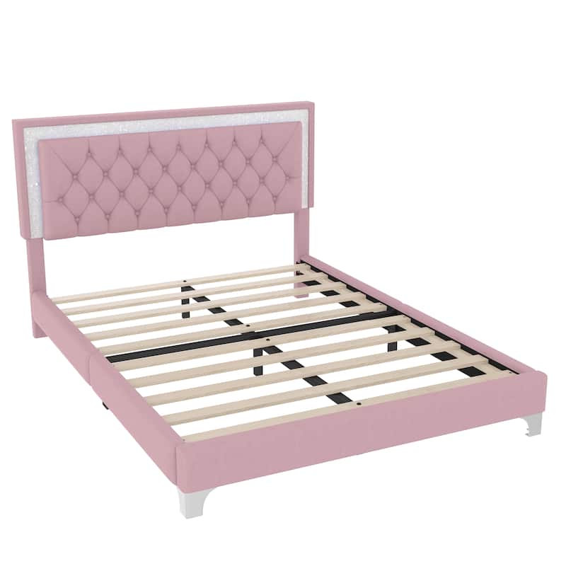 LED Platform Bed Frame Tufted Headboard Both Sides LED Button Low Profile Bed, Velvet Upholstered Panel Bed