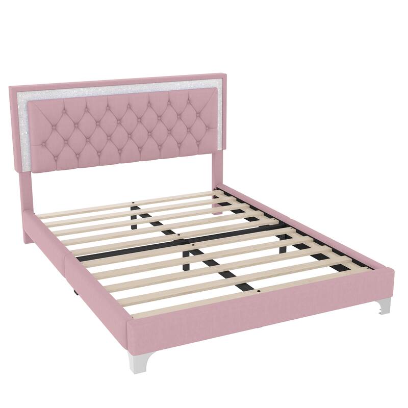 Queen Size Upholstered Bed Frame with LED Lights, Modern Velvet Platform Bed with Tufted Headboard, Pink