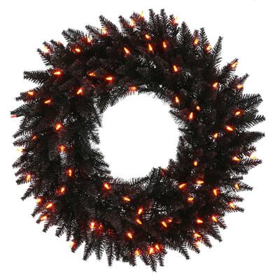 Vickerman 24" Black Fir Artificial Christmas Wreath, Orange Dura-Lit LED lights.
