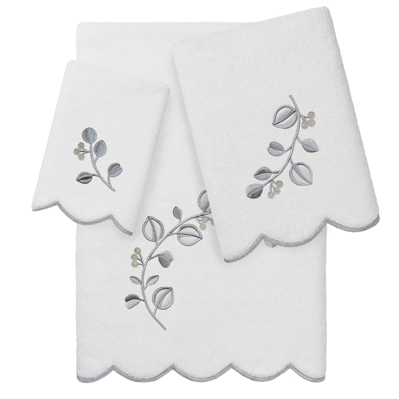 Authentic Hotel and Spa 100% Turkish Cotton WILD BRANCH Scallop Embellished Towel Collection - White/Grey - 3 Piece Set