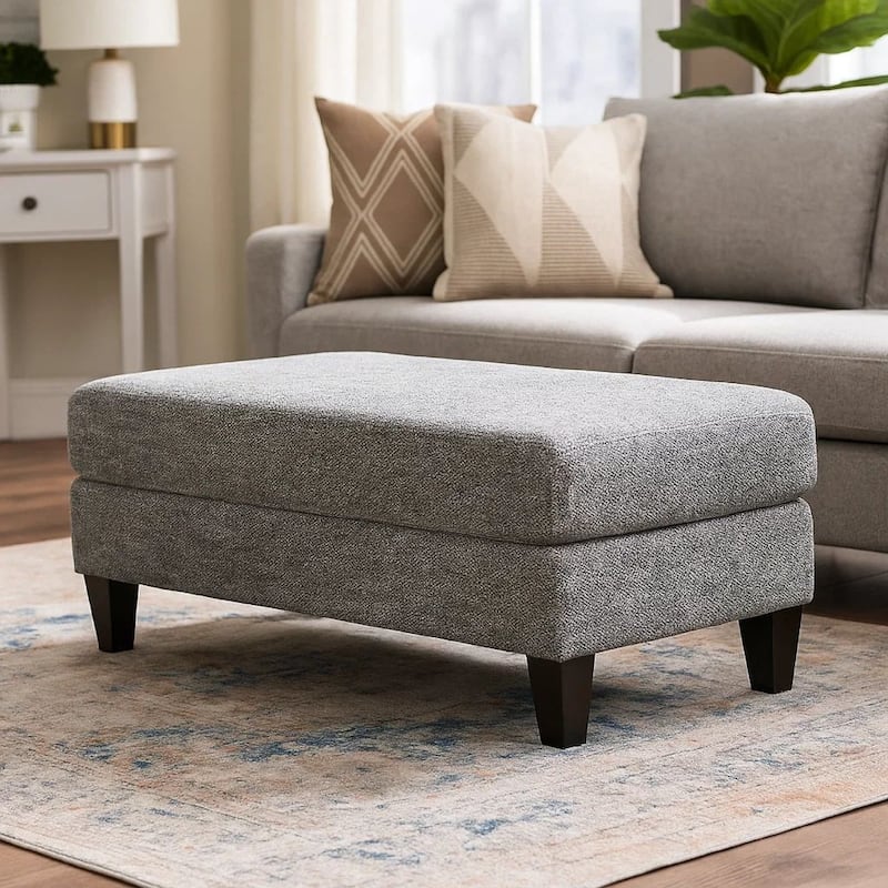 Fabric Upholstered Wooden Ottoman with Tapered Legs, Gray