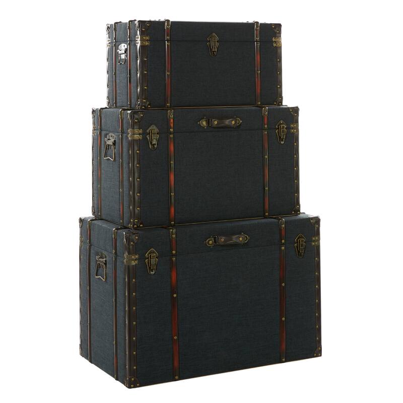 Blue Linen Fabric Nesting Upholstered Decorative Trunk with Buckle Hinged Top (Set of 3)