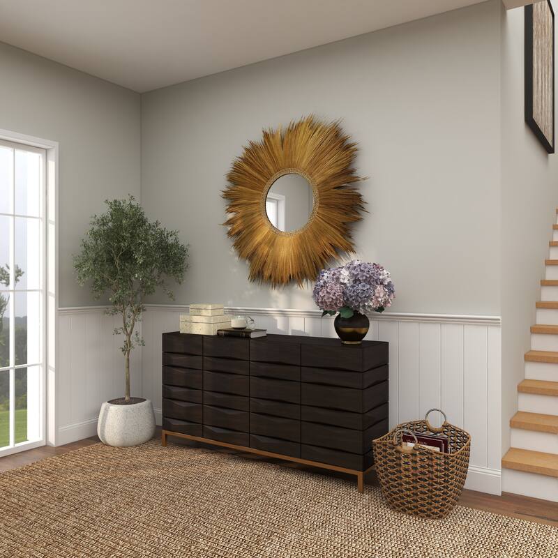 Brown Dried Plant Tribal Inspired Sunburst Grass Room Wall Mirror with Coiled Rope Center - 45 x 2 x 45Round