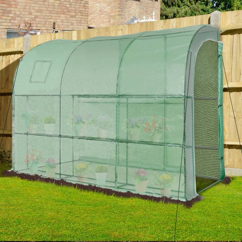 Outsunny 10' x 5' x 7' Outdoor Walk-In Tunnel Gardening Greenhouse with Windows and Doors & 2 Tiered 6 Wire Shelves, Green