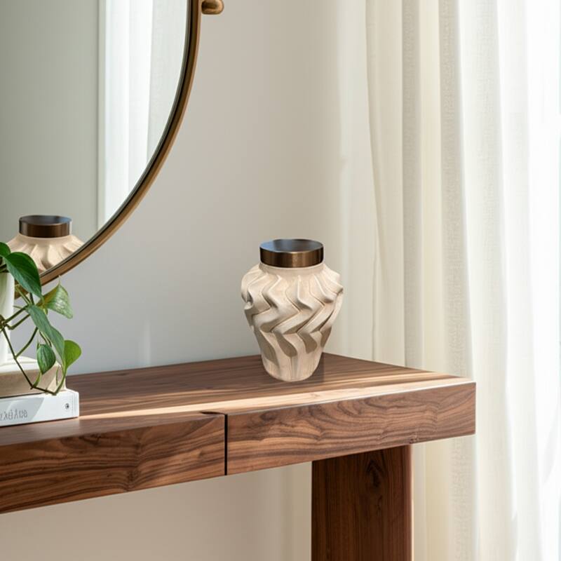 Pottery Jar Wavy Sculpted Tall with Metallic Lid Decorative Accent