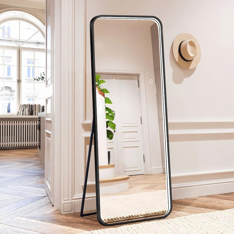 Anmytek 64" Gold Frame LED Lighted Full Length Mirror - 3-Color Dimmable, Standing/Wall-Mounted - Black