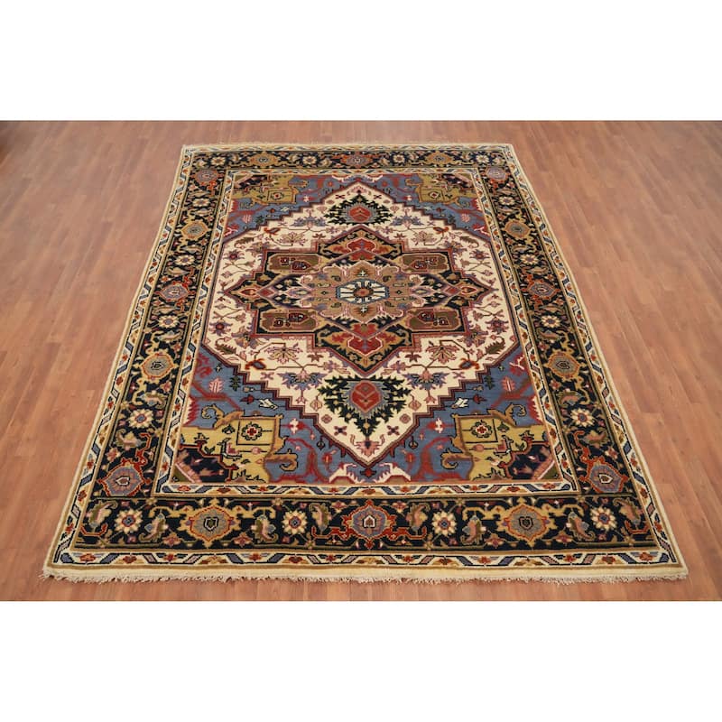 Hand Knotted Oriental 100% Wool Carpet Traditional Medallion Beige & Ivories Heriz (serapi) Area Rug - 9' 11'' X 7' 10''