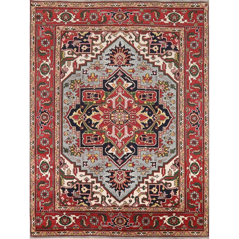Light Blue Geometric Heriz Serapi Indian Area Rug Handmade Wool Carpet - 7'11"x 10'5"