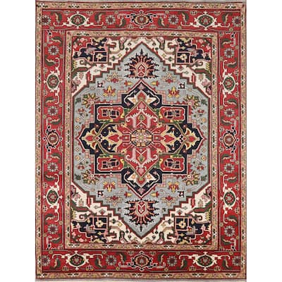 Light Blue Geometric Heriz Serapi Indian Area Rug Handmade Wool Carpet - 7'11"x 10'5"