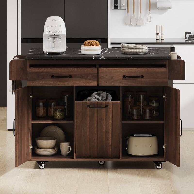 Rolling Kitchen Island with Trash Can, Kitchen Cart with Drop Leaf, Adjustable Shelf - Walnut Brown