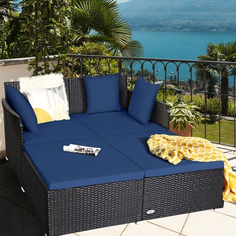 Gymax Rattan Patio Daybed Loveseat Sofa Yard Outdoor w/ Navy Cushions