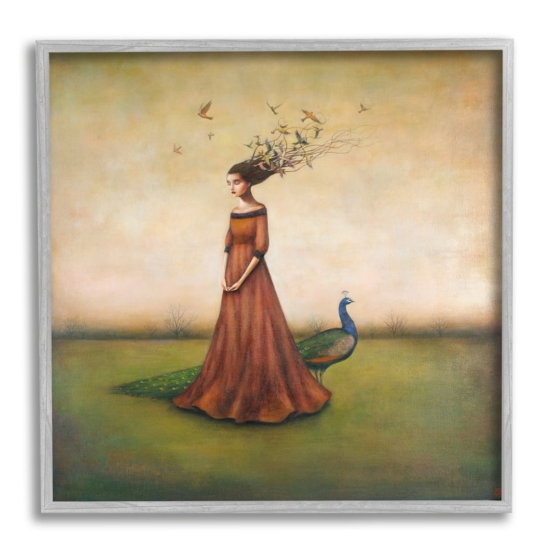 Stupell Beauty and Birds in Her Hair Woman and Peacock Framed Art, 12 x 12, Design By Artist Duy Huynh - Multi-Color