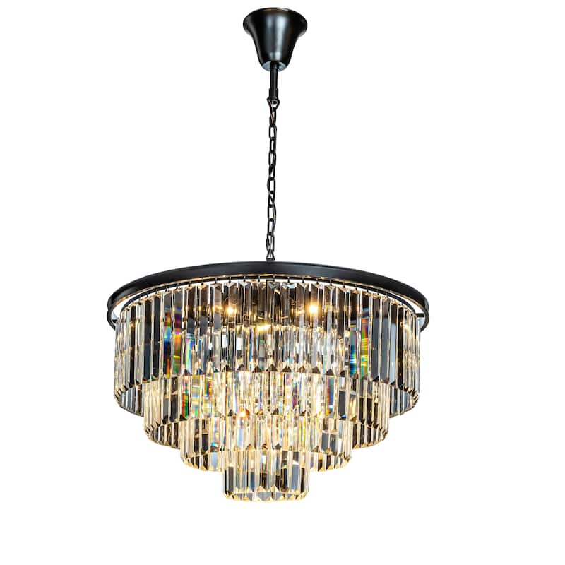 8-Lights Mid-Century Modern 4-Tier Round Fringe Crystal Chandelier - W31.5" - Black